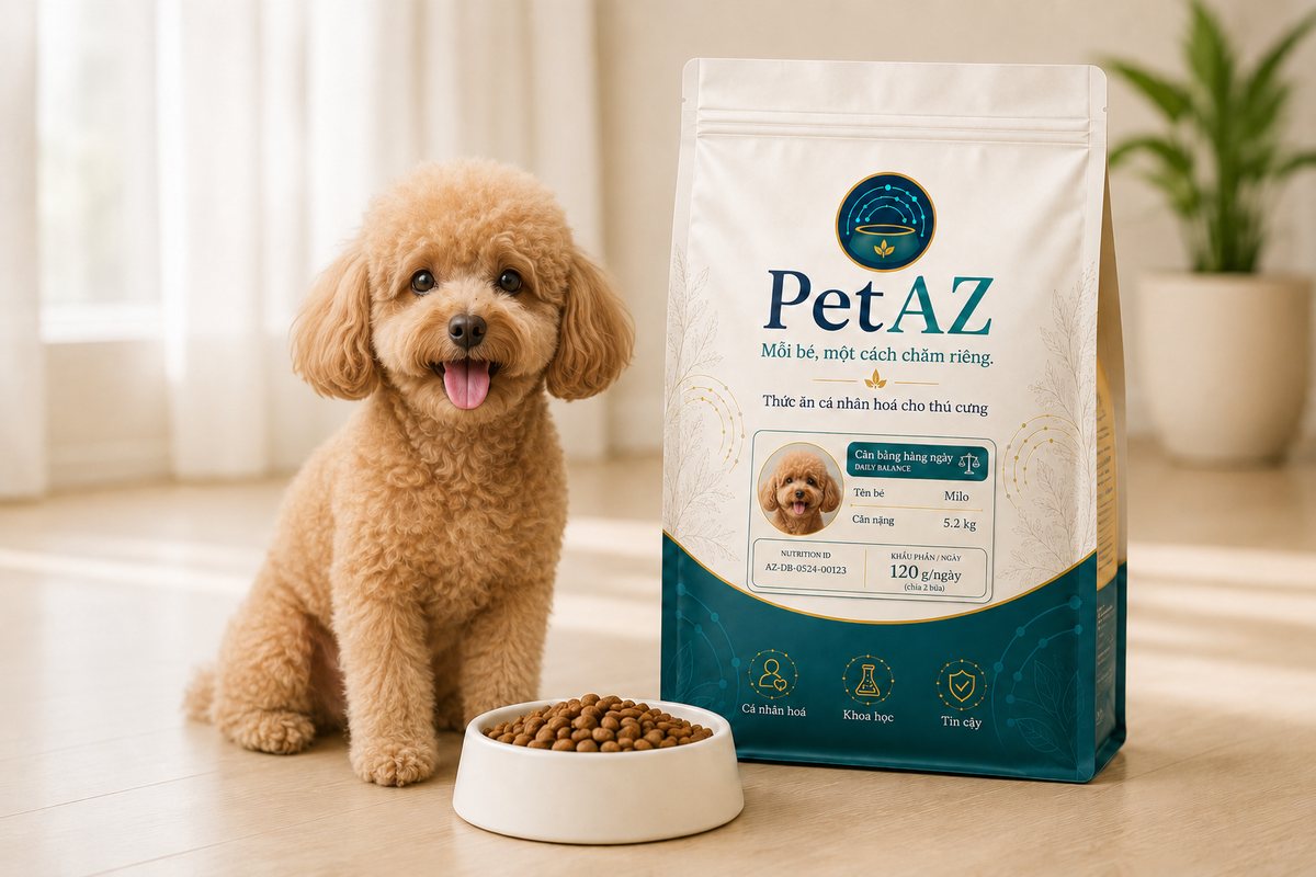 Poodle hạnh phúc bên gói dinh dưỡng cá nhân hoá PetAZ